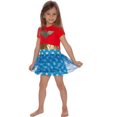 DC Comics Girls Wonder Woman Gold Foil Logo 3 Tiered Costume Pajama Nightgown Multicolored 2 DC Comics Girls Wonder Woman Gold Foil Logo 3 Tiered Costume Pajama Nightgown Multicolored - Image 2