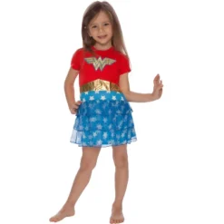 DC Comics Girls Wonder Woman Gold Foil Logo 3 Tiered Costume Pajama Nightgown Multicolored