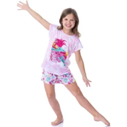 Dreamworks Trolls Girls' Poppy Happy Sleep Pajama Set Shorts Crewneck Multicolored