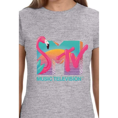 MTV Womens' Music Television Vaporwave Flamingo Icon '80s Crewneck T-Shirt Grey 1 MTV Womens' Music Television Vaporwave Flamingo Icon '80s Crewneck T-Shirt Grey