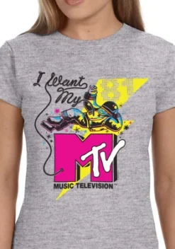 MTV Womens' Music Television I Want My Moonman '80s Crewneck T-Shirt Grey